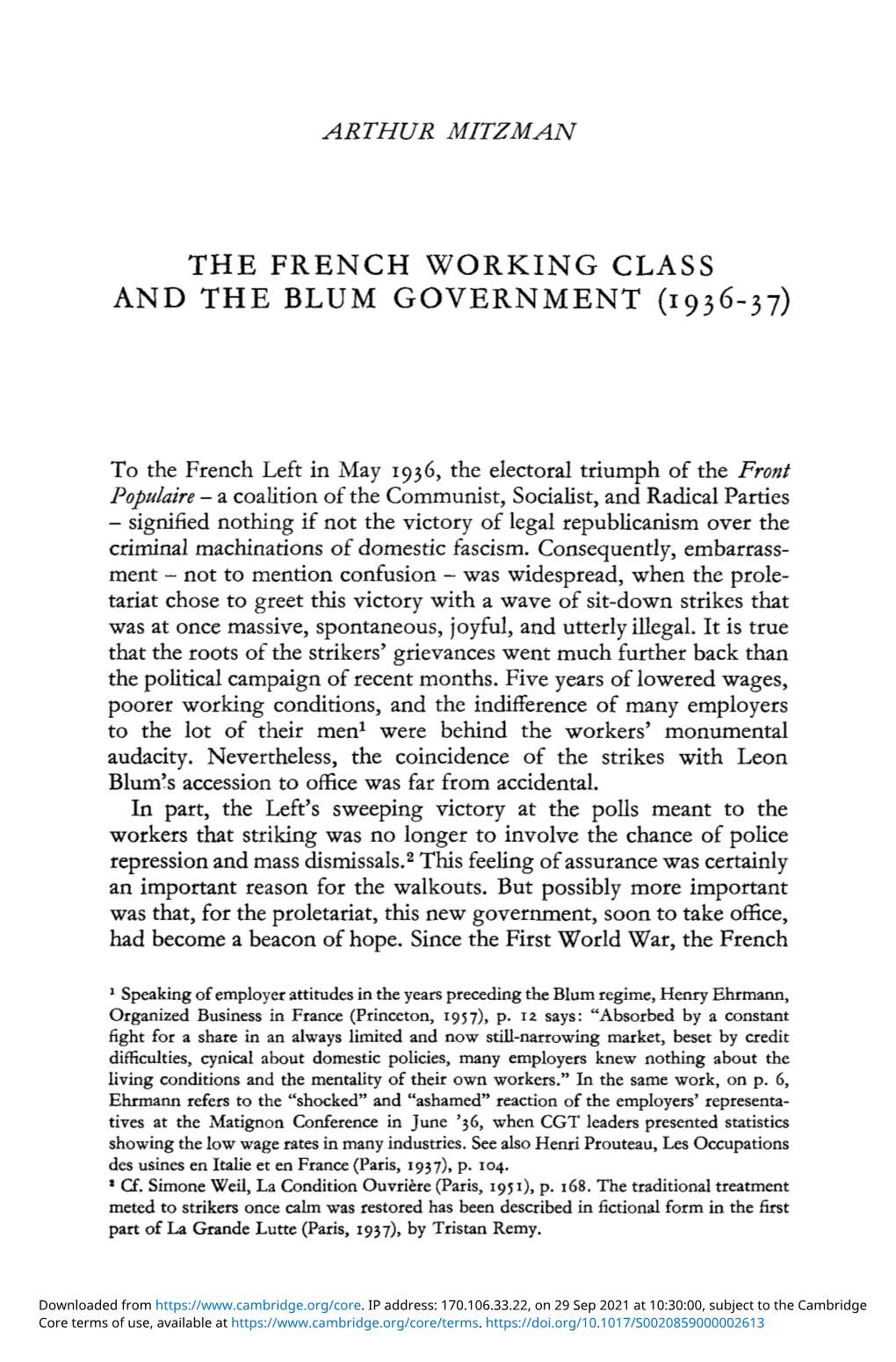 The French Working Class and the Blum Government (1936-37)