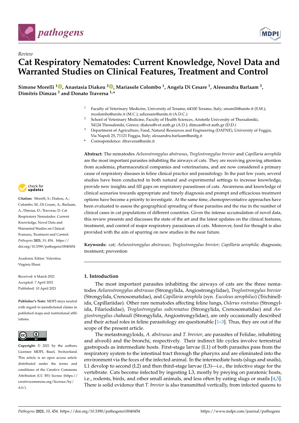 Cat Respiratory Nematodes: Current Knowledge, Novel Data and Warranted Studies on Clinical Features, Treatment and Control