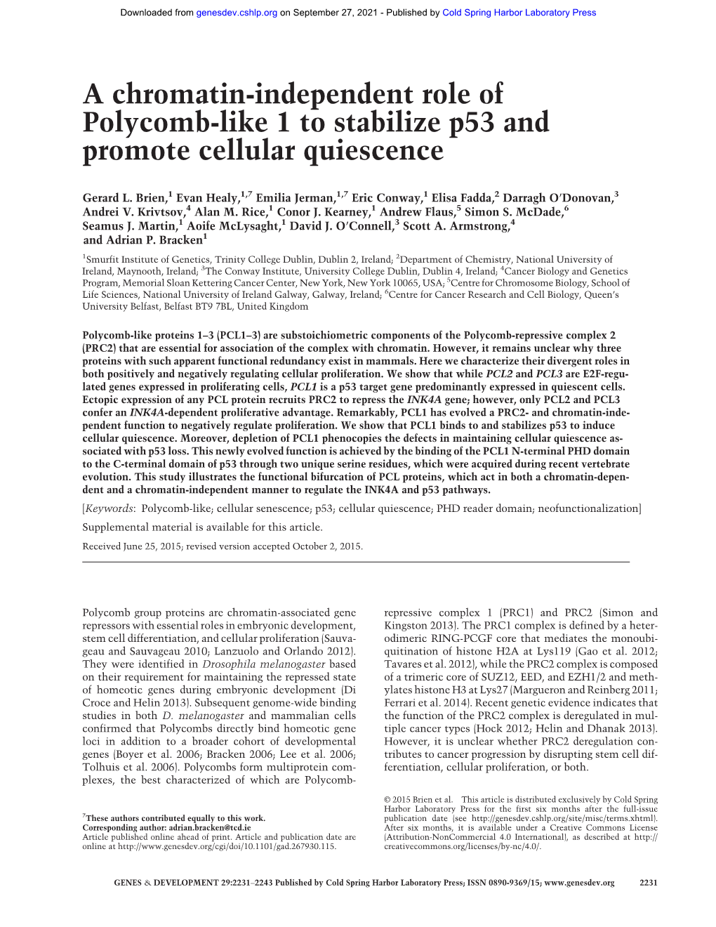A Chromatin-Independent Role of Polycomb-Like 1 to Stabilize P53 and Promote Cellular Quiescence