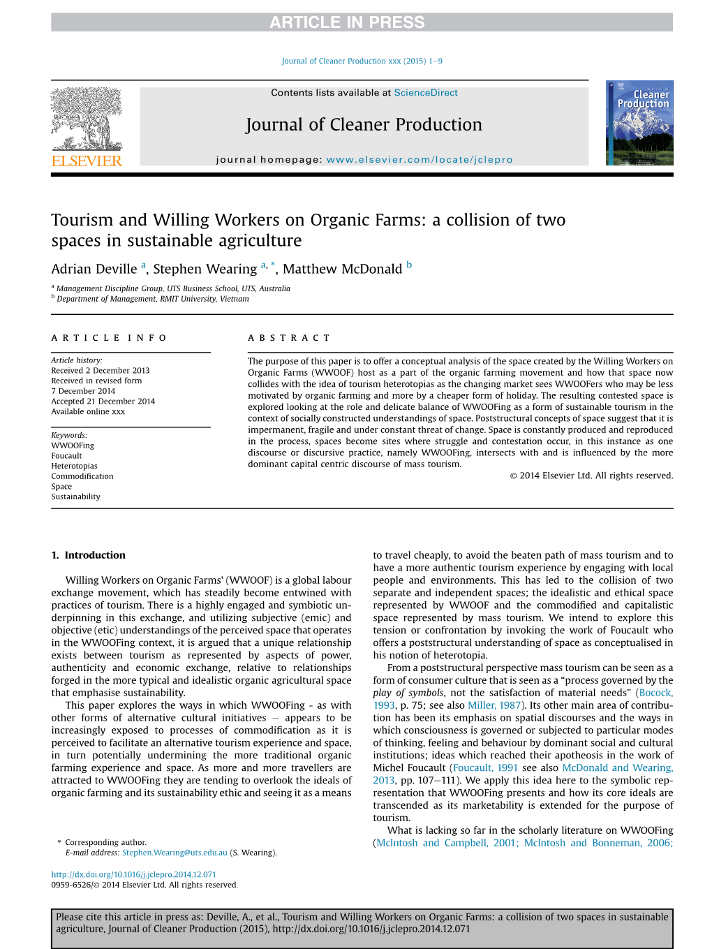 Tourism and Willing Workers on Organic Farms: a Collision of Two Spaces in Sustainable Agriculture