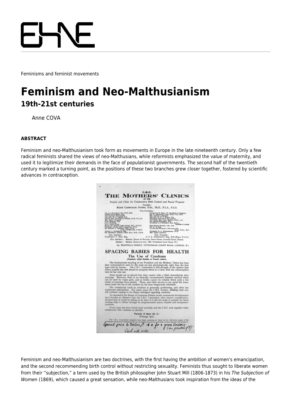 Feminism and Neo-Malthusianism 19Th-21St Centuries