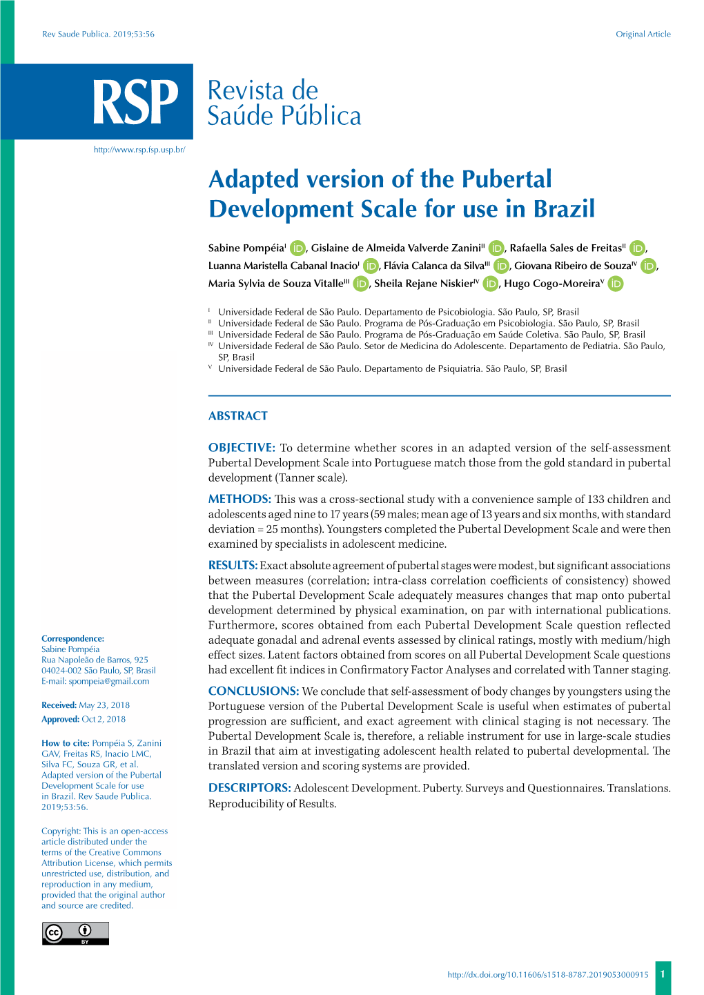 Adapted Version of the Pubertal Development Scale for Use in Brazil