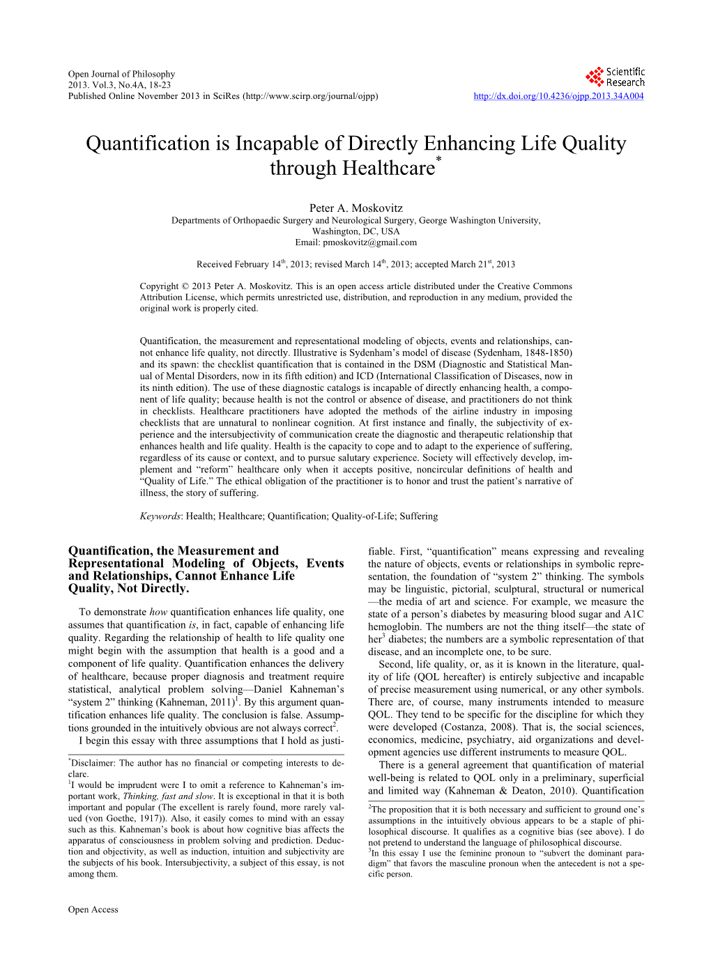 Quantification Is Incapable of Directly Enhancing Life Quality Through Healthcare*