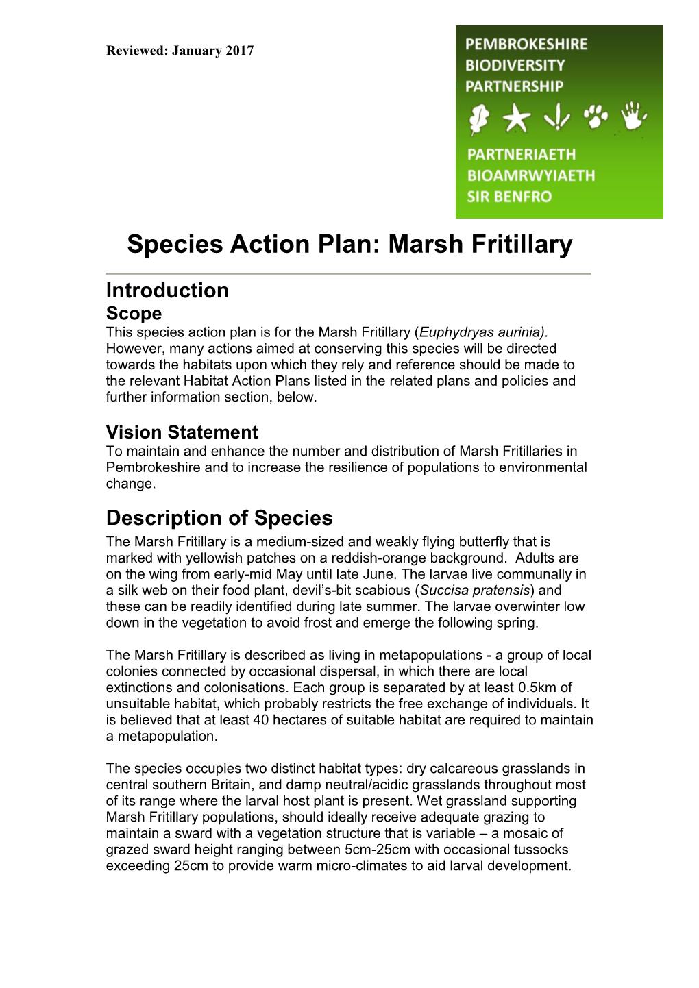 Species Action Plan: Marsh Fritillary