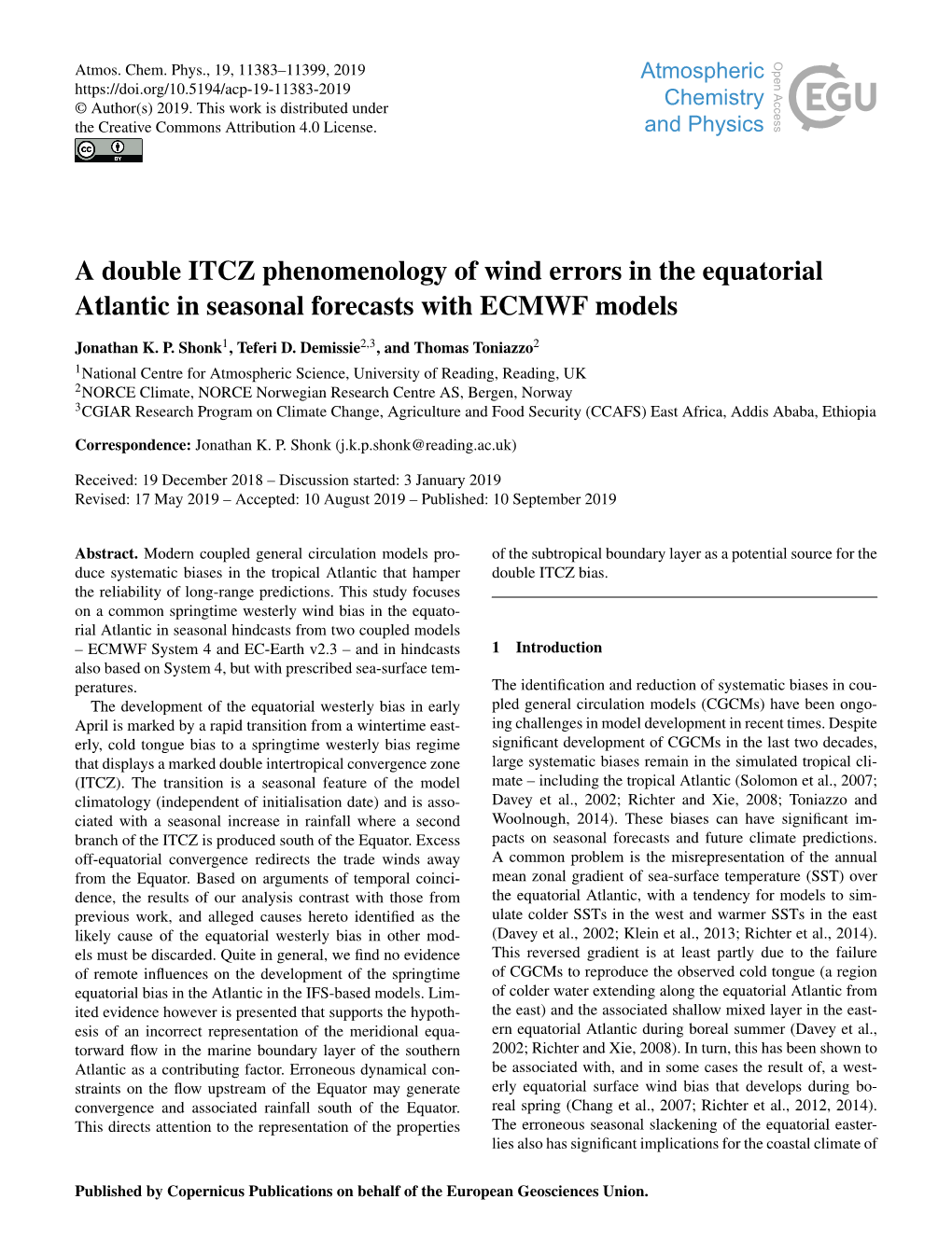 A Double ITCZ Phenomenology of Wind Errors in the Equatorial Atlantic in Seasonal Forecasts with ECMWF Models