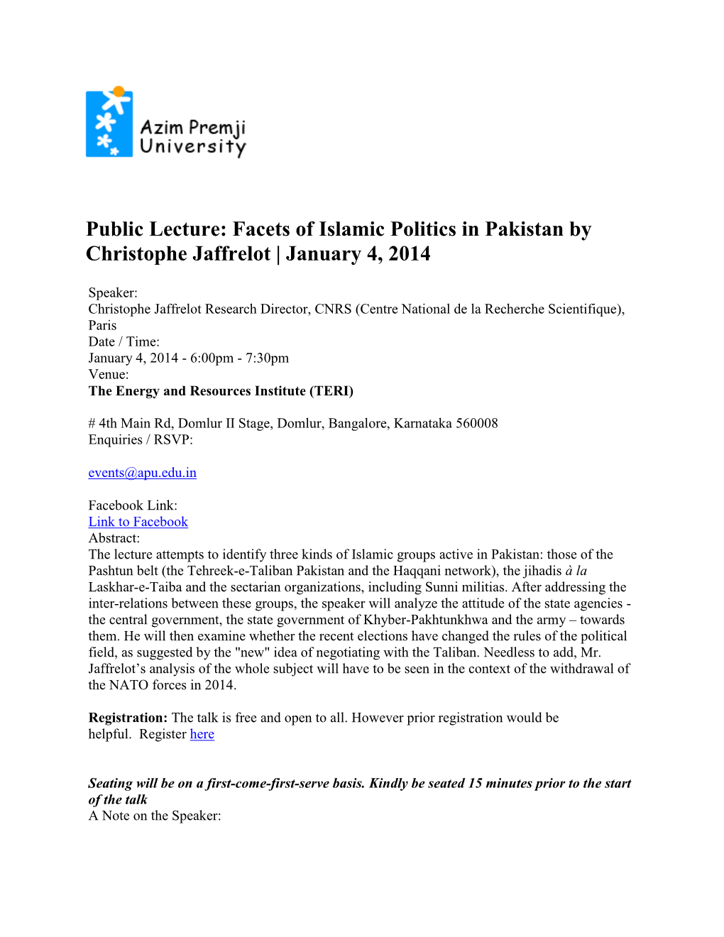 Public Lecture: Facets of Islamic Politics in Pakistan by Christophe Jaffrelot | January 4, 2014