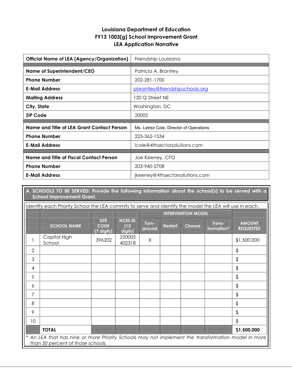 Louisiana Department of Education FY13 1003(G) School Improvement Grant LEA Application Narrative