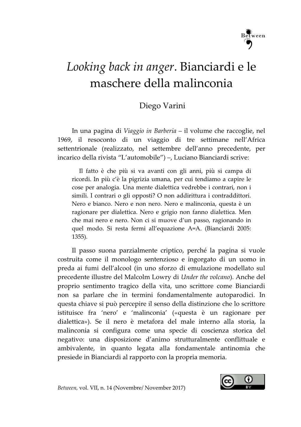 Looking Back in Anger. Bianciardi E Le Maschere Della Malinconia