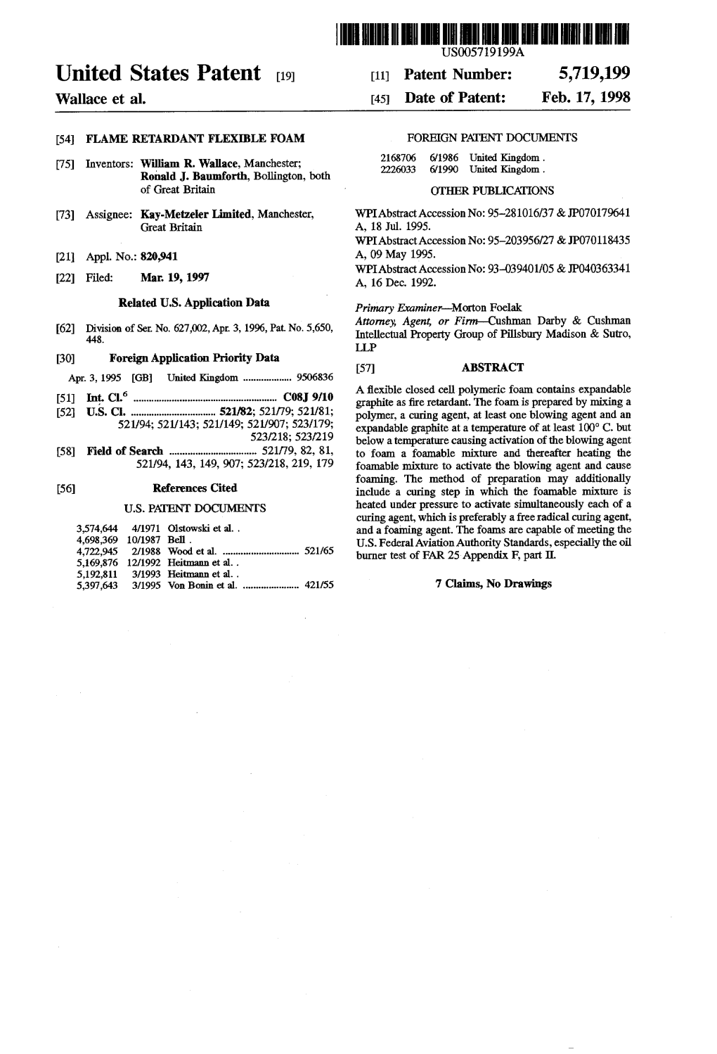 United States Patent (19) 11 Patent Number: 5,719,199 Wallace Et Al