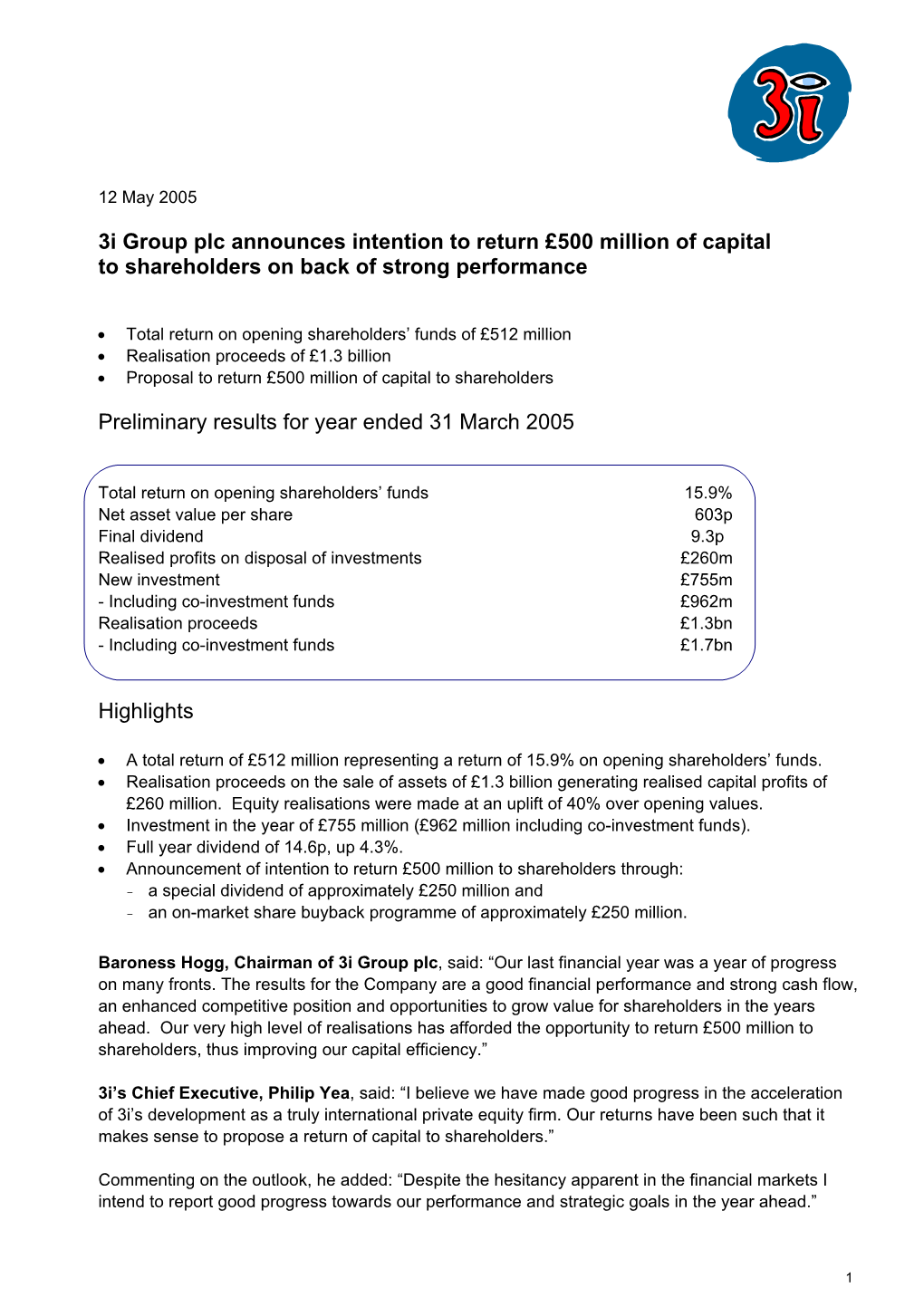 3I Group Plc Announces Intention to Return £500 Million of Capital to Shareholders on Back of Strong Performance