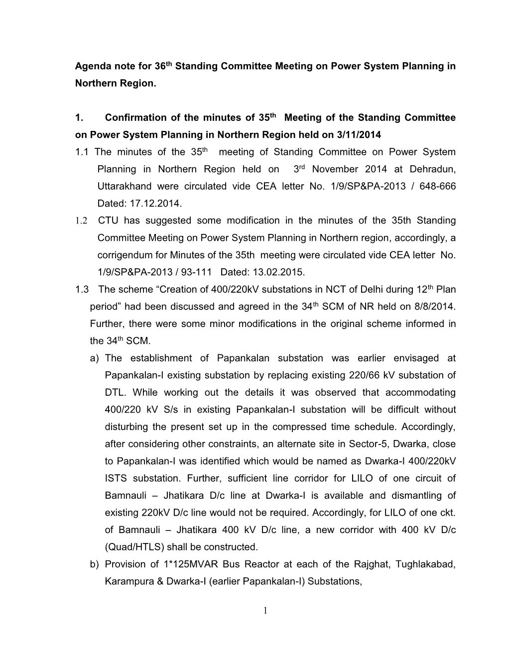 Agenda Note for 36Th Standing Committee Meeting on Power System Planning in Northern Region