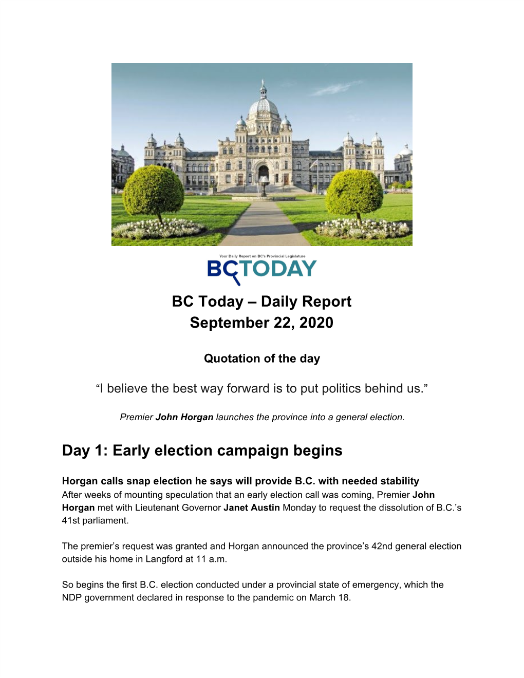 BC Today – Daily Report September 22, 2020 Day 1: Early Election