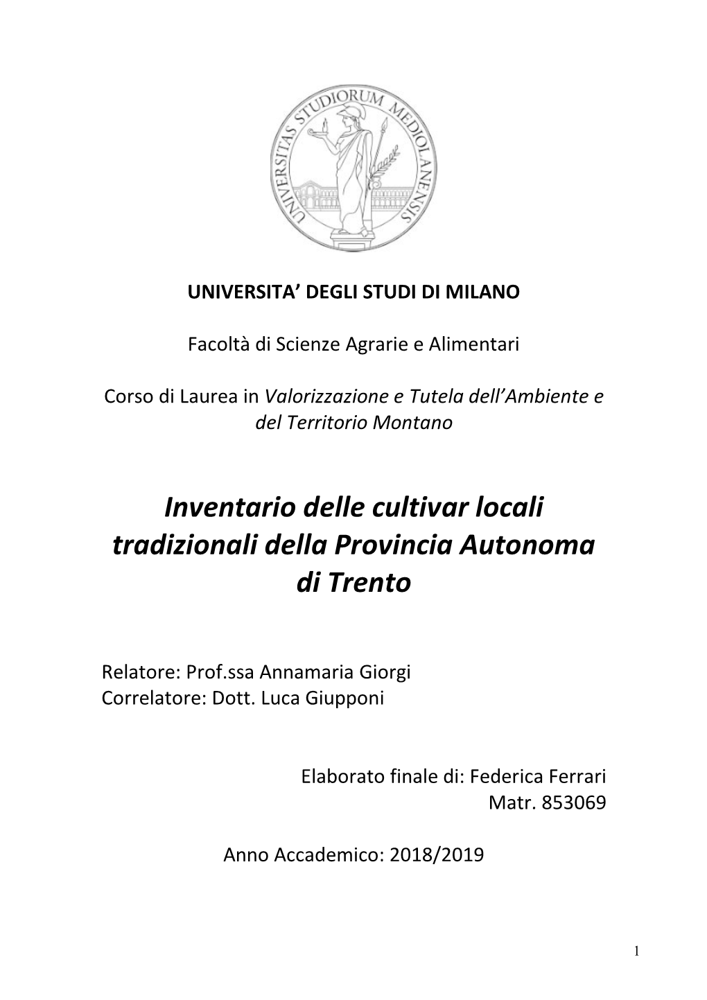 Inventario Delle Cultivar Locali Tradizionali Della Provincia Autonoma Di Trento