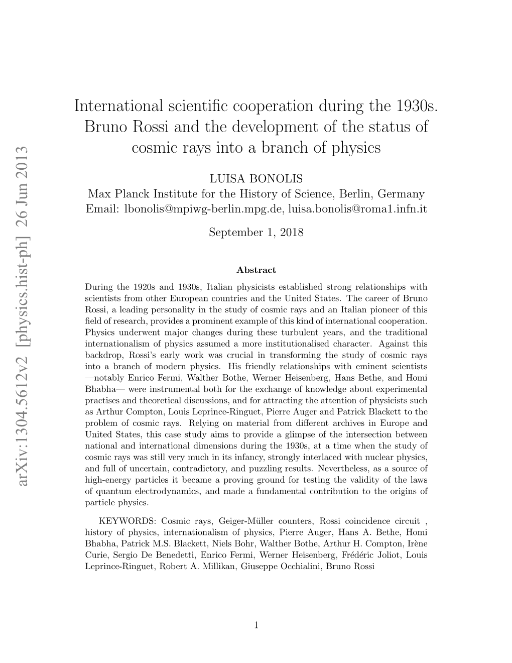 International Scientific Cooperation During the 1930S. Bruno Rossi And