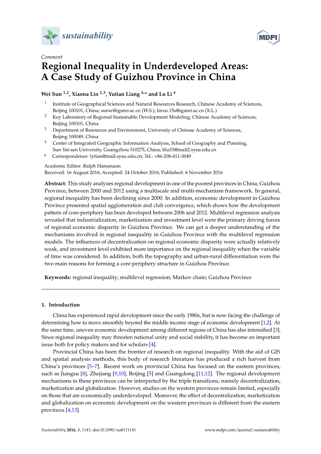 Regional Inequality in Underdeveloped Areas: a Case Study of Guizhou Province in China
