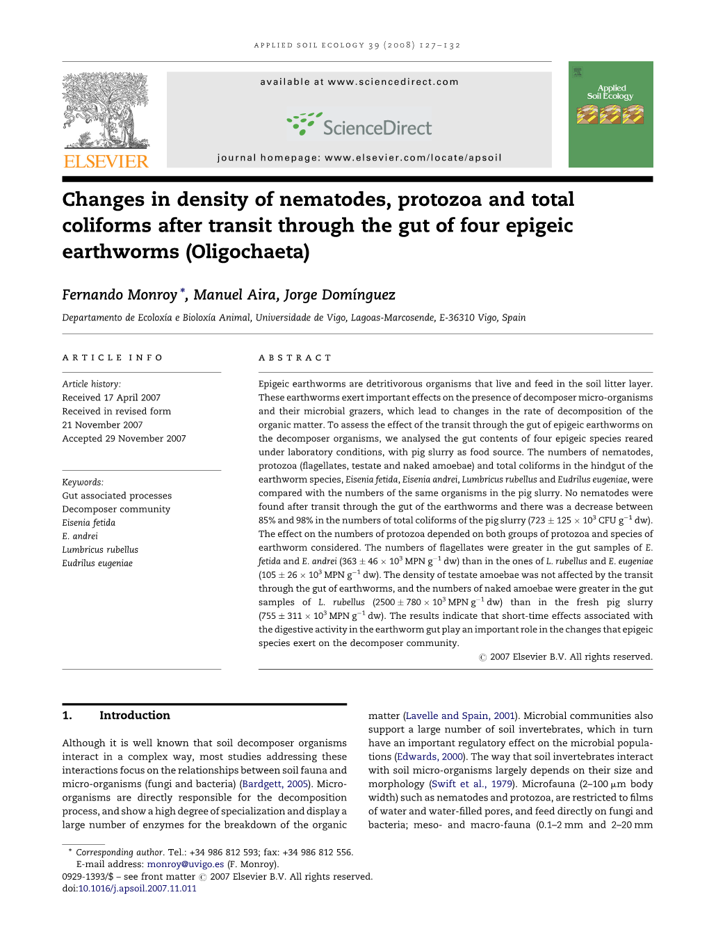 Changes in Density of Nematodes, Protozoa and Total Coliforms After Transit Through the Gut of Four Epigeic Earthworms (Oligochaeta)