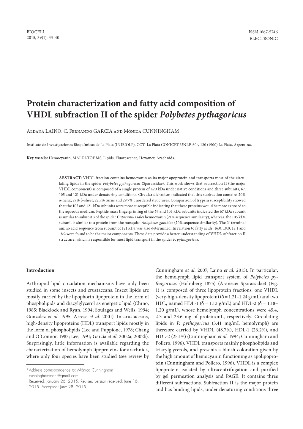 Protein Characterization and Fatty Acid Composition of VHDL Subfraction II of the Spider Polybetes Pythagoricus