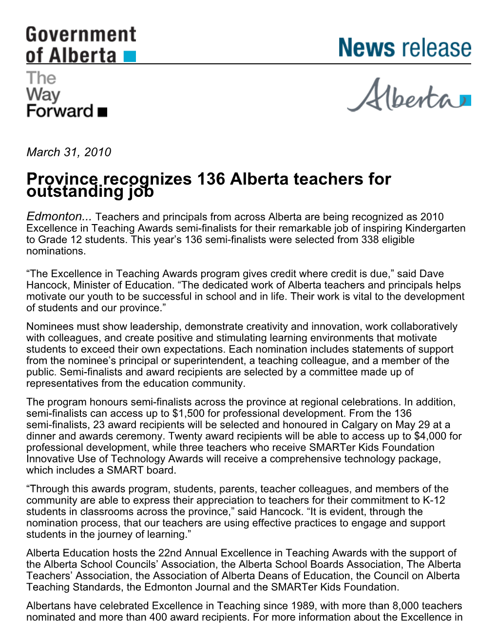 Province Recognizes 136 Alberta Teachers for Outstanding Job