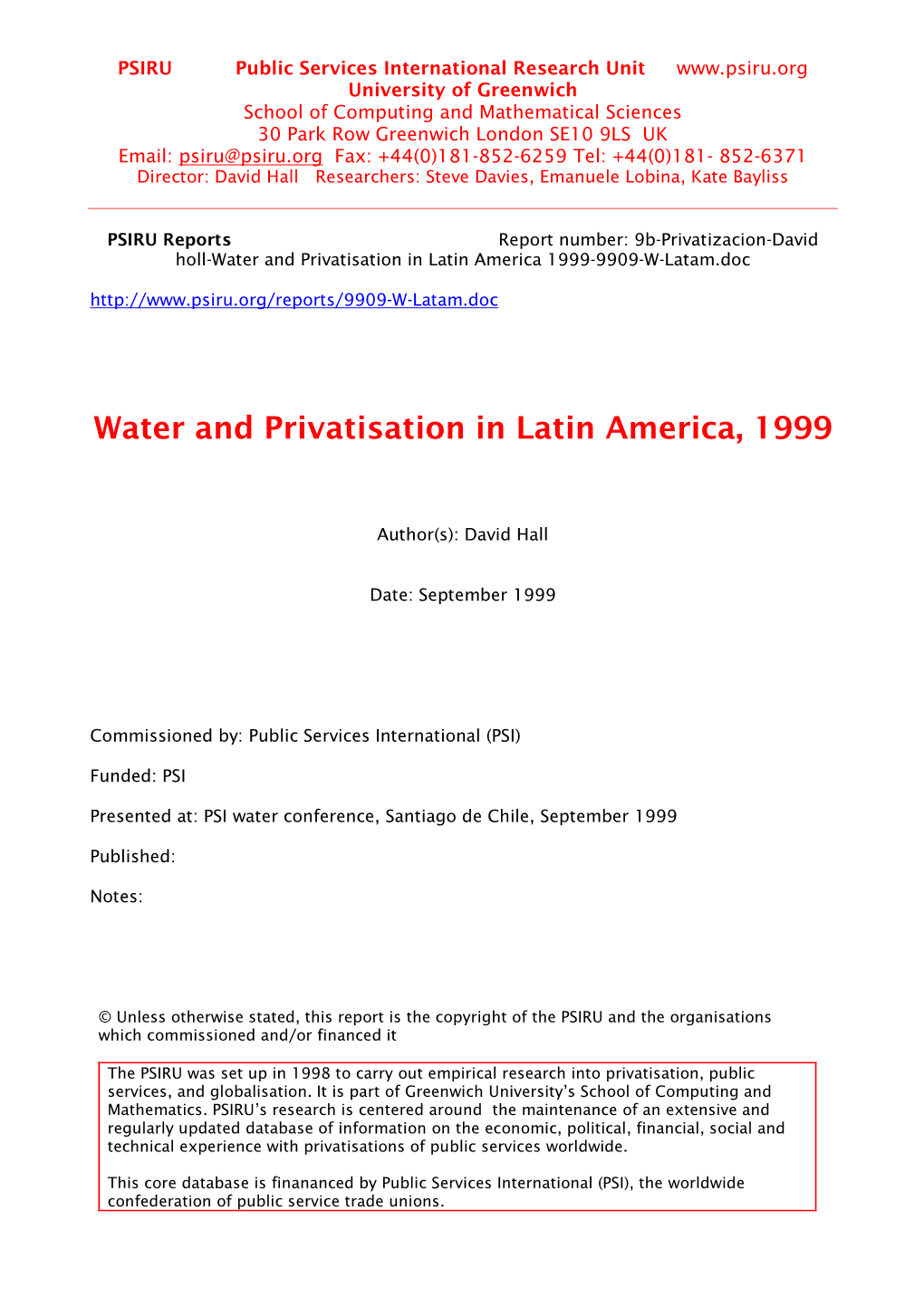 9B-Privatizacion-David Holl-Water and Privatisation in Latin America 1999-9909-W-Latam.Doc