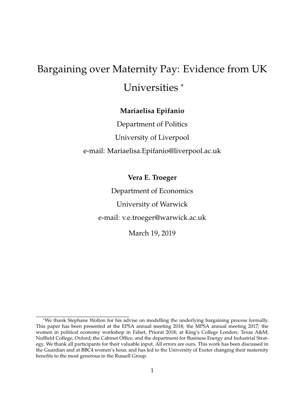 Bargaining Over Maternity Pay: Evidence from UK Universities *