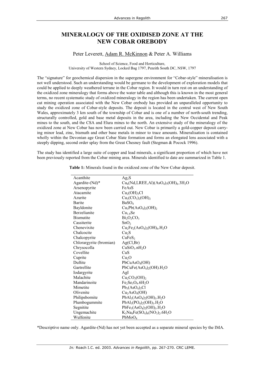 Mineralogy of the Oxidised Zone of the New Cobar Orebody