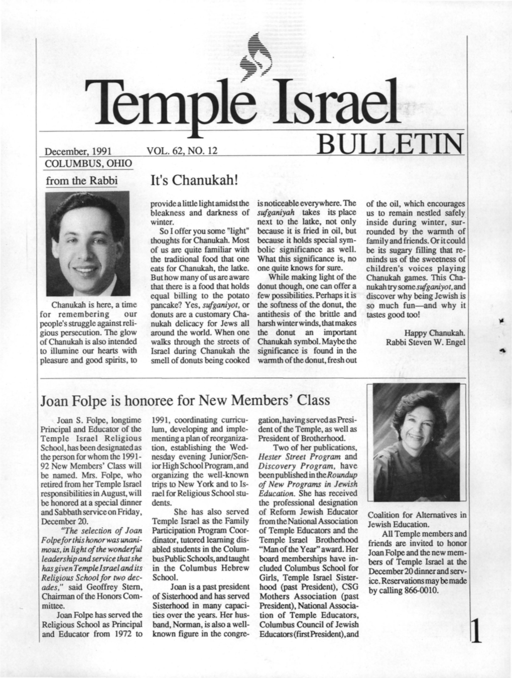 BULLETIN COLUMBUS, OHIO from the Rabbi It's Chanukah!