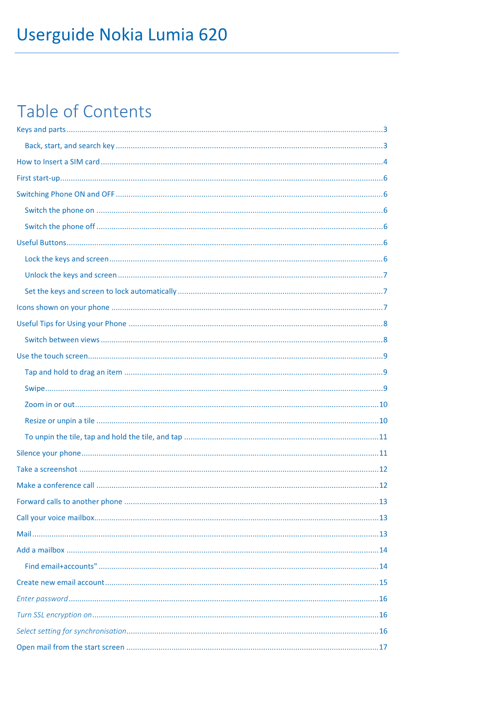 Userguide Nokia Lumia 620 Table of Contents