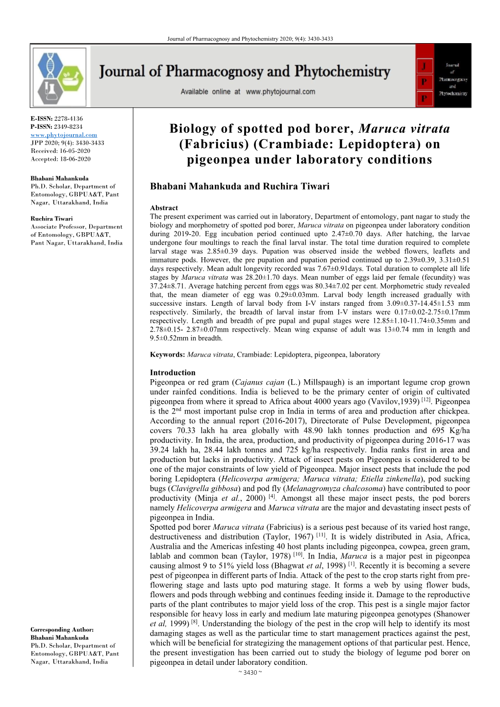 Biology of Spotted Pod Borer, Maruca Vitrata (Fabricius)