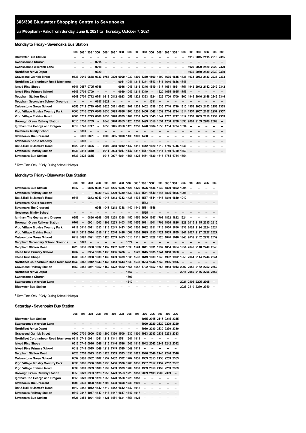 306/308 Bluewater Shopping Centre to Sevenoaks Via Meopham - Valid from Sunday, June 6, 2021 to Thursday, October 7, 2021