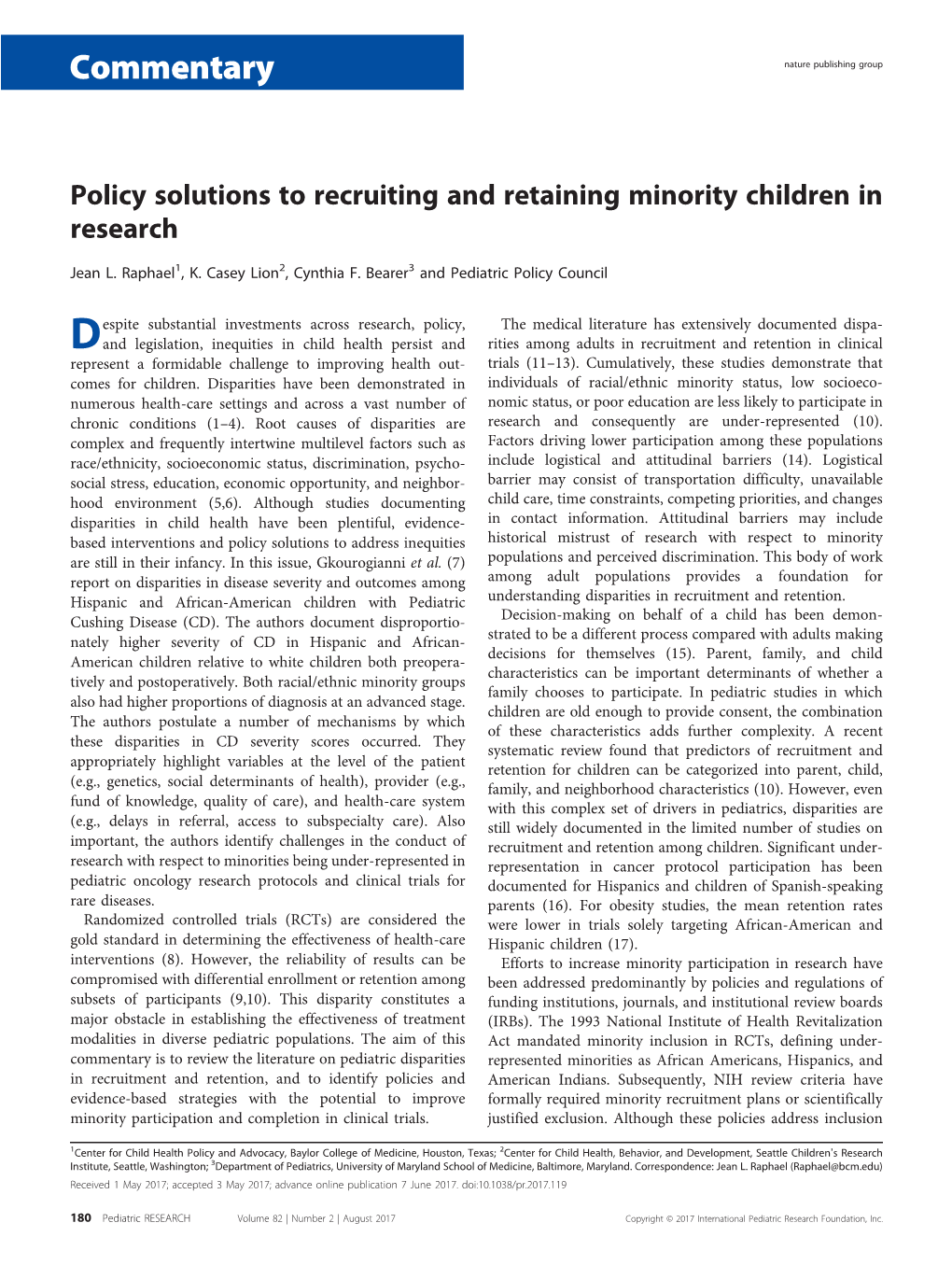 Policy Solutions to Recruiting and Retaining Minority Children in Research
