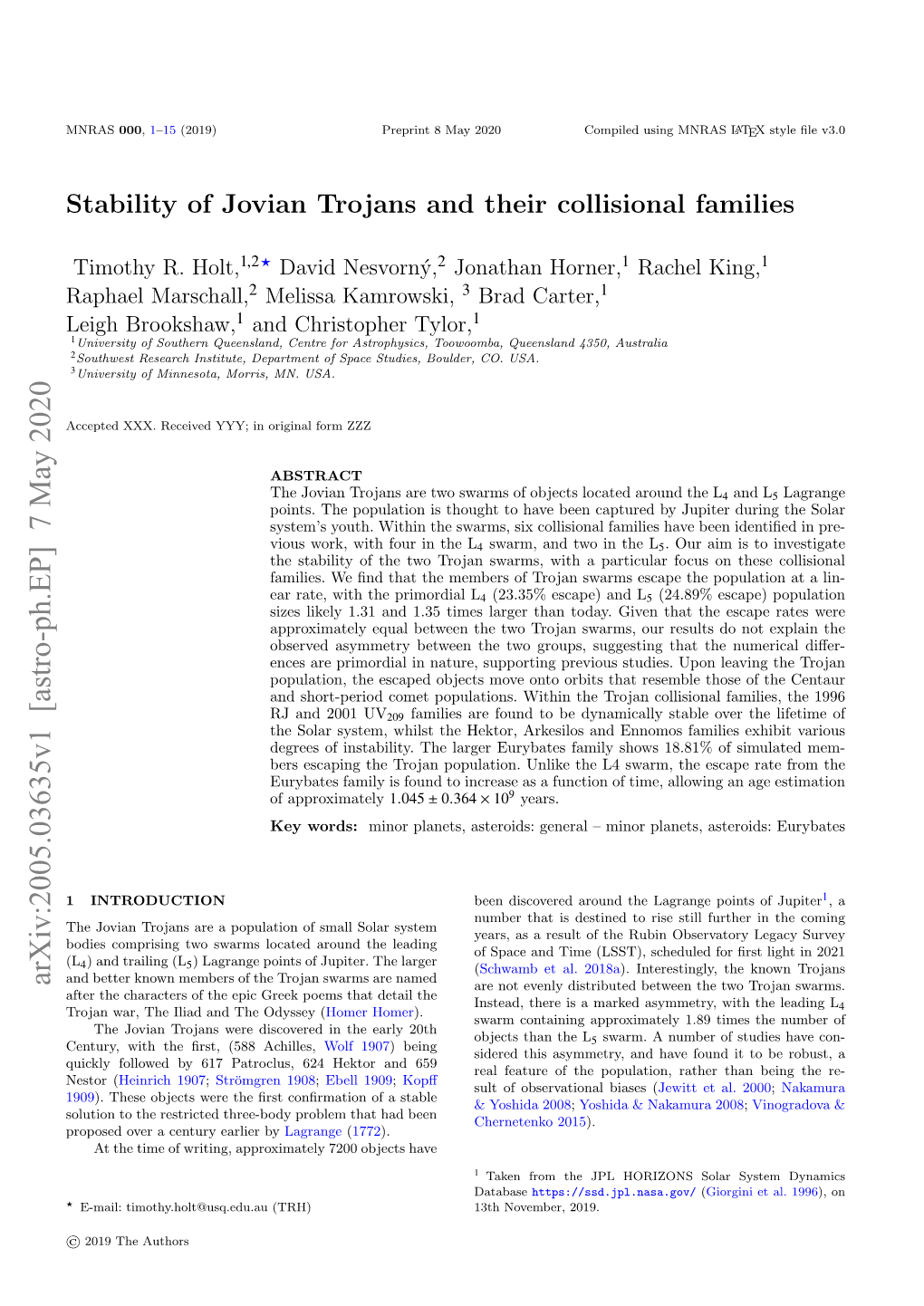 Stability of Jovian Trojans and Their Collisional Families