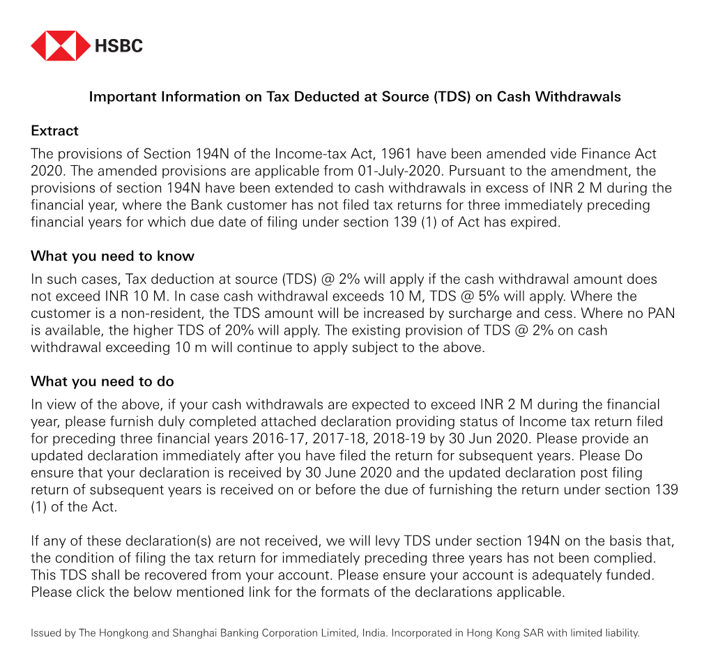 (TDS) on Cash Withdrawals