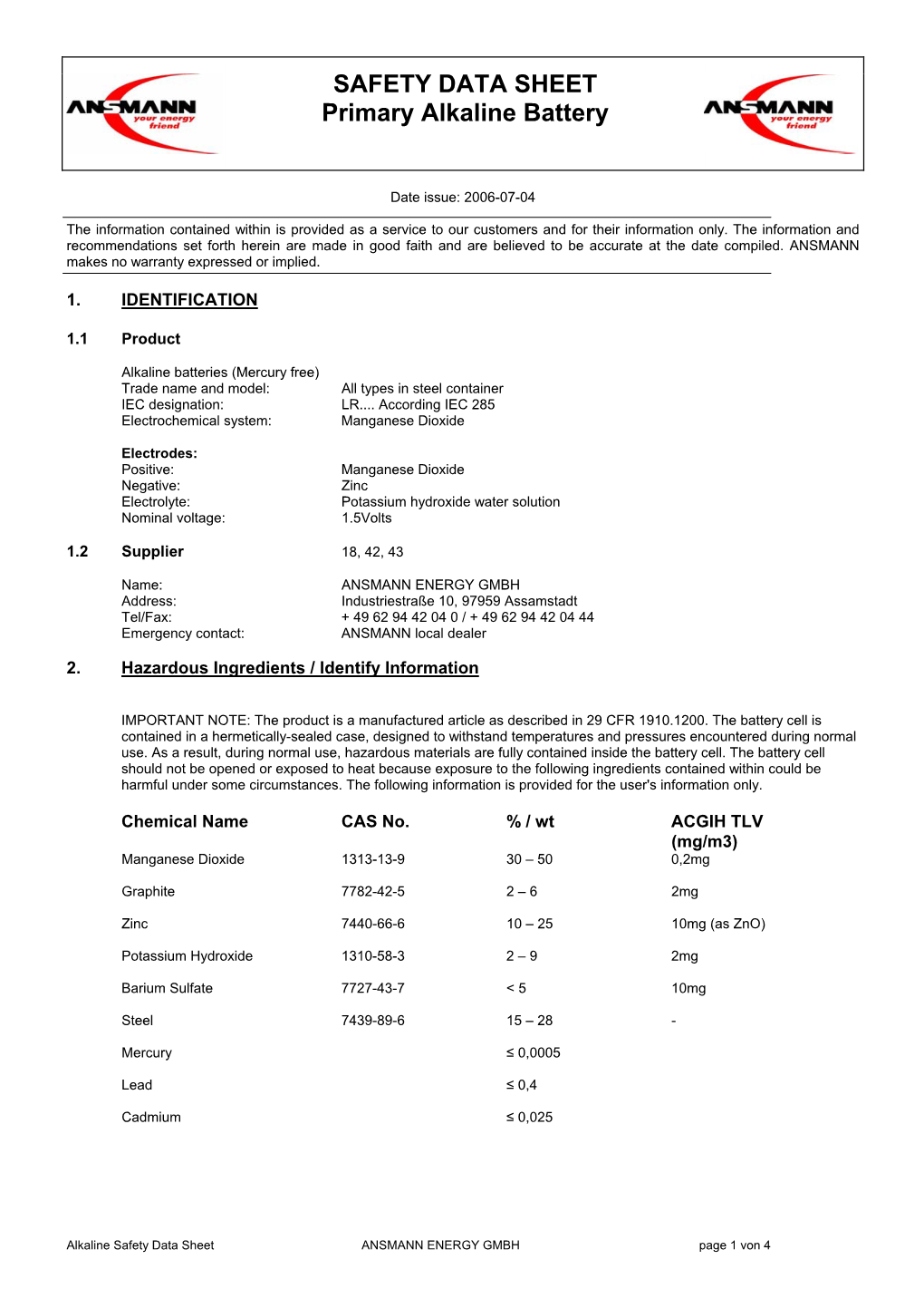 SAFETY DATA SHEET Primary Alkaline Battery