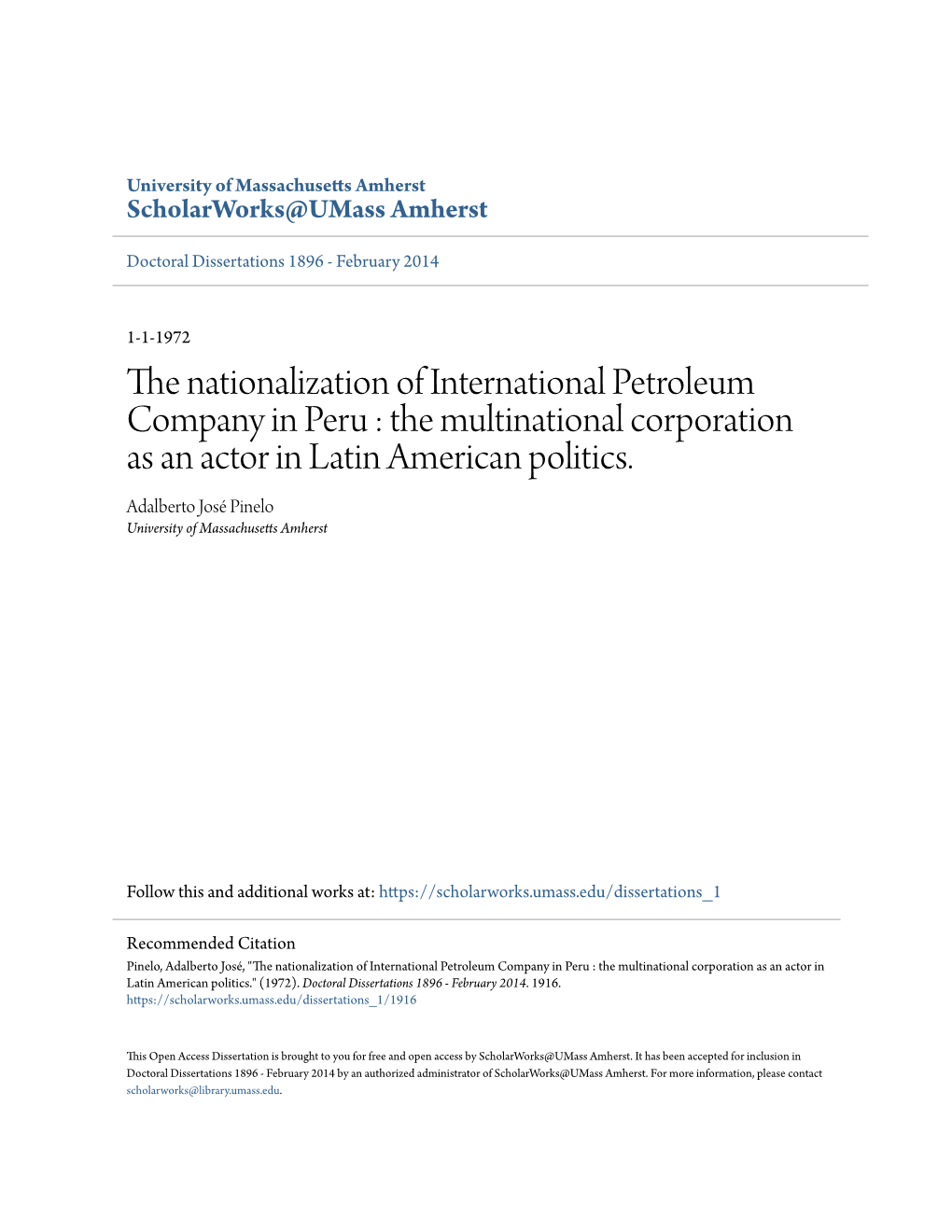 The Nationalization of International Petroleum Company in Peru : the Multinational Corporation As an Actor in Latin American