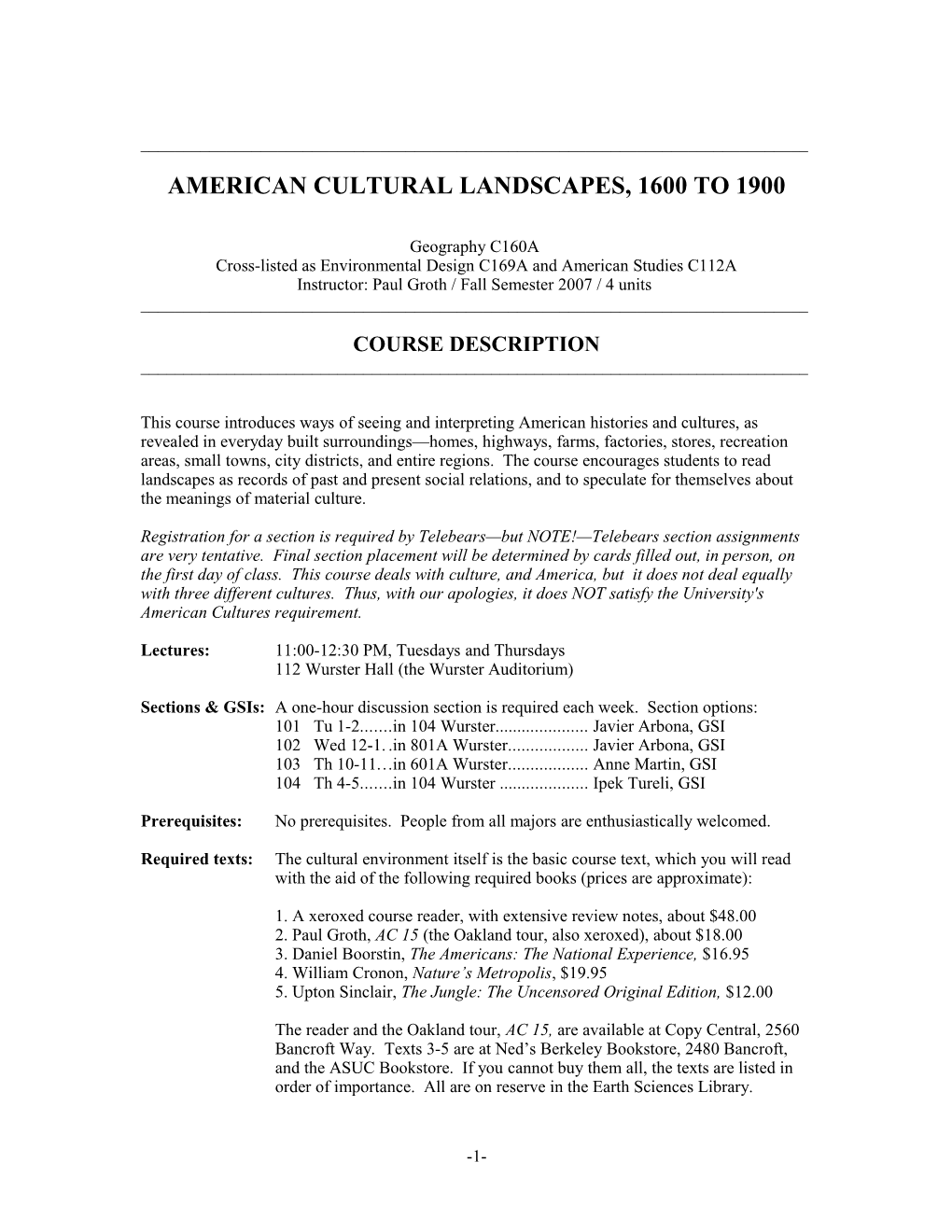 Environmental Design C169A / Geog C160A / Am