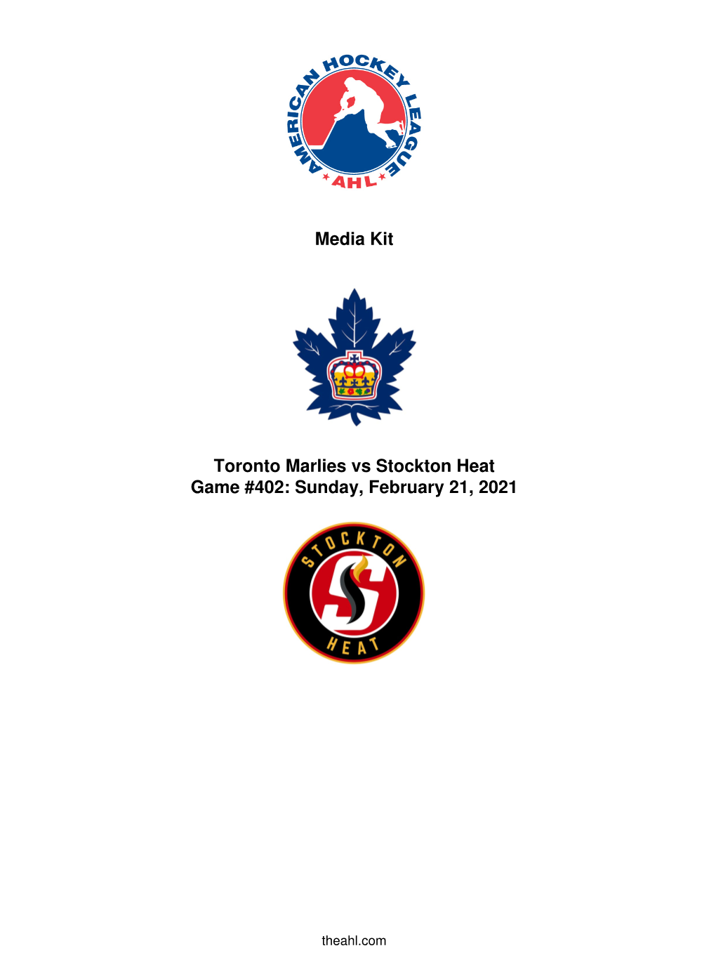 Media Kit Toronto Marlies Vs Stockton Heat Game #402: Sunday, February 21, 2021