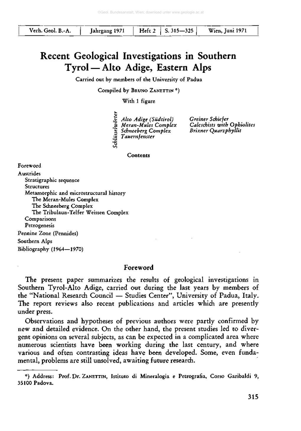 Recent Geological Investigations in Southern Tyrol — Alto Adige, Eastern Alps Carried out by Members of the University of Padua