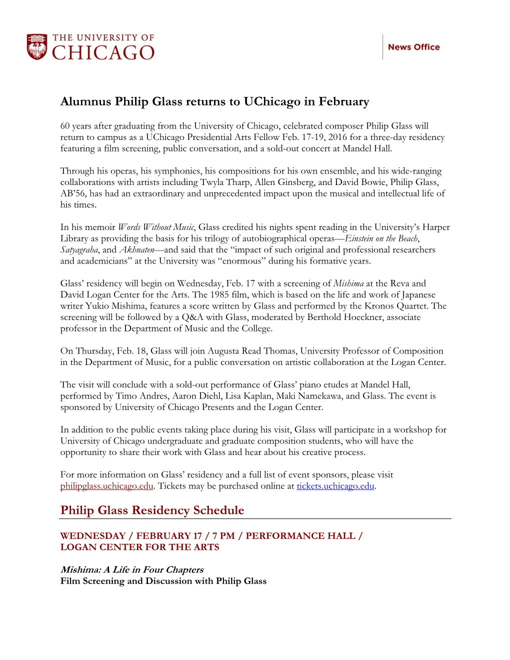 Alumnus Philip Glass Returns to Uchicago in February Philip Glass Residency Schedule