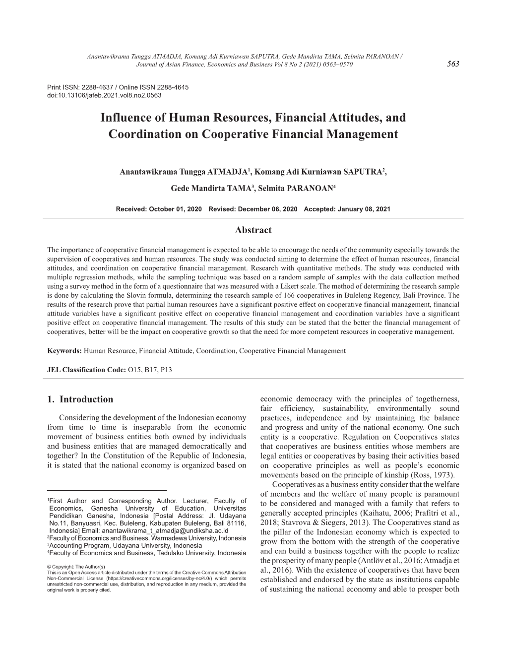 Influence of Human Resources, Financial Attitudes, and Coordination on Cooperative Financial Management