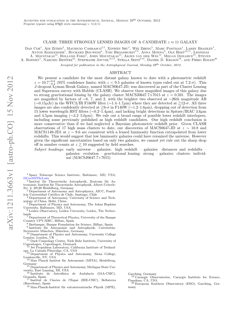 CLASH: Three Strongly Lensed Images of a Candidate Z 11 Galaxy