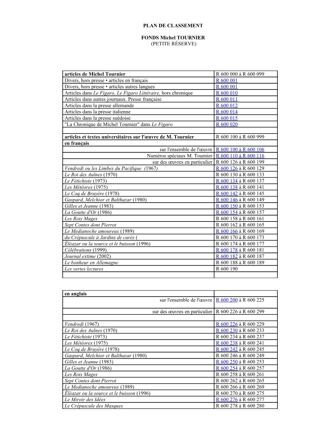 Plan De Classement Fonds Tournier