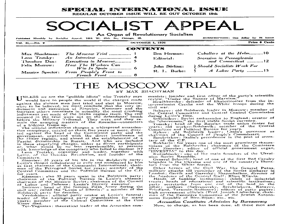 SOCIALIST PEAL an Organ of Revolutionary Socialism Published Monthly by Socialist Appeal, 1654 W