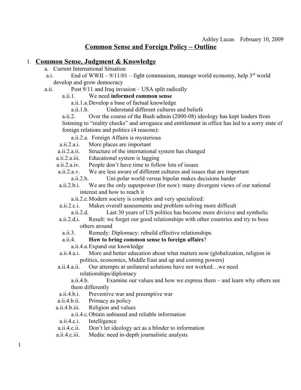 Common Sense and Foreign Policy Outline