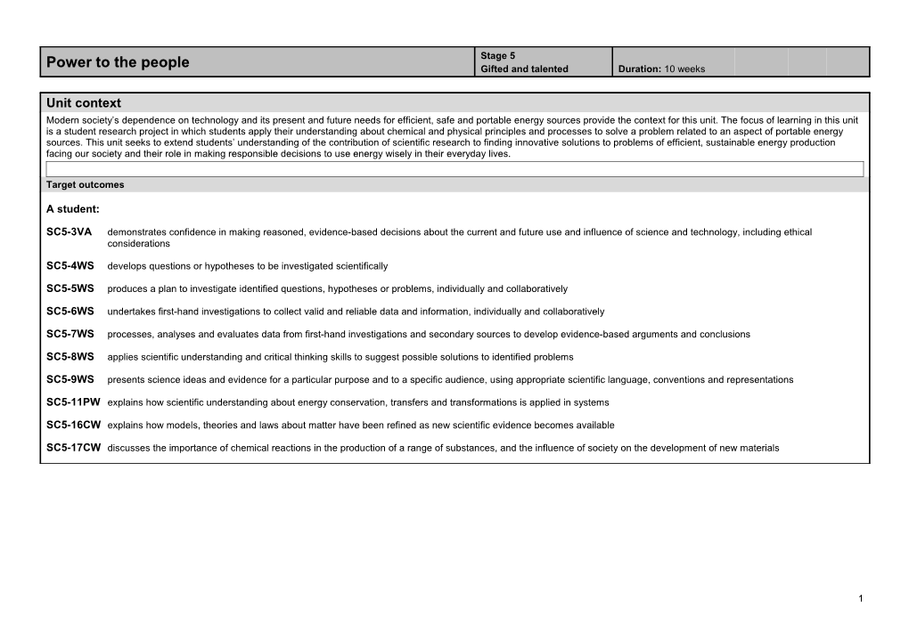 Science Stage 5 Unit: Power To The People