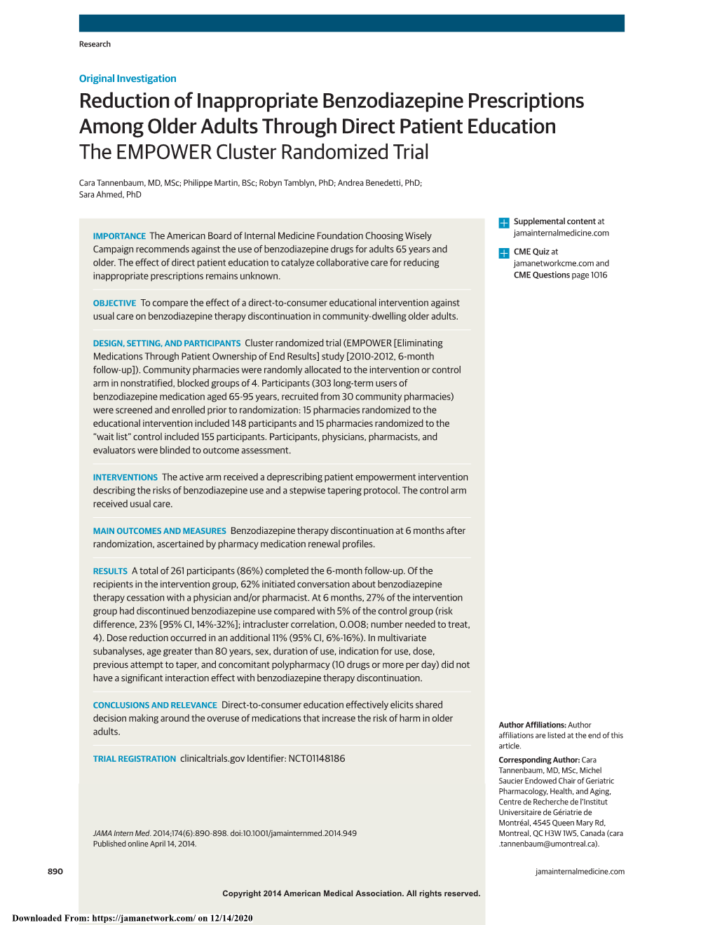 Reduction of Inappropriate Benzodiazepine Prescriptions Among Older Adults Through Direct Patient Education the EMPOWER Cluster Randomized Trial