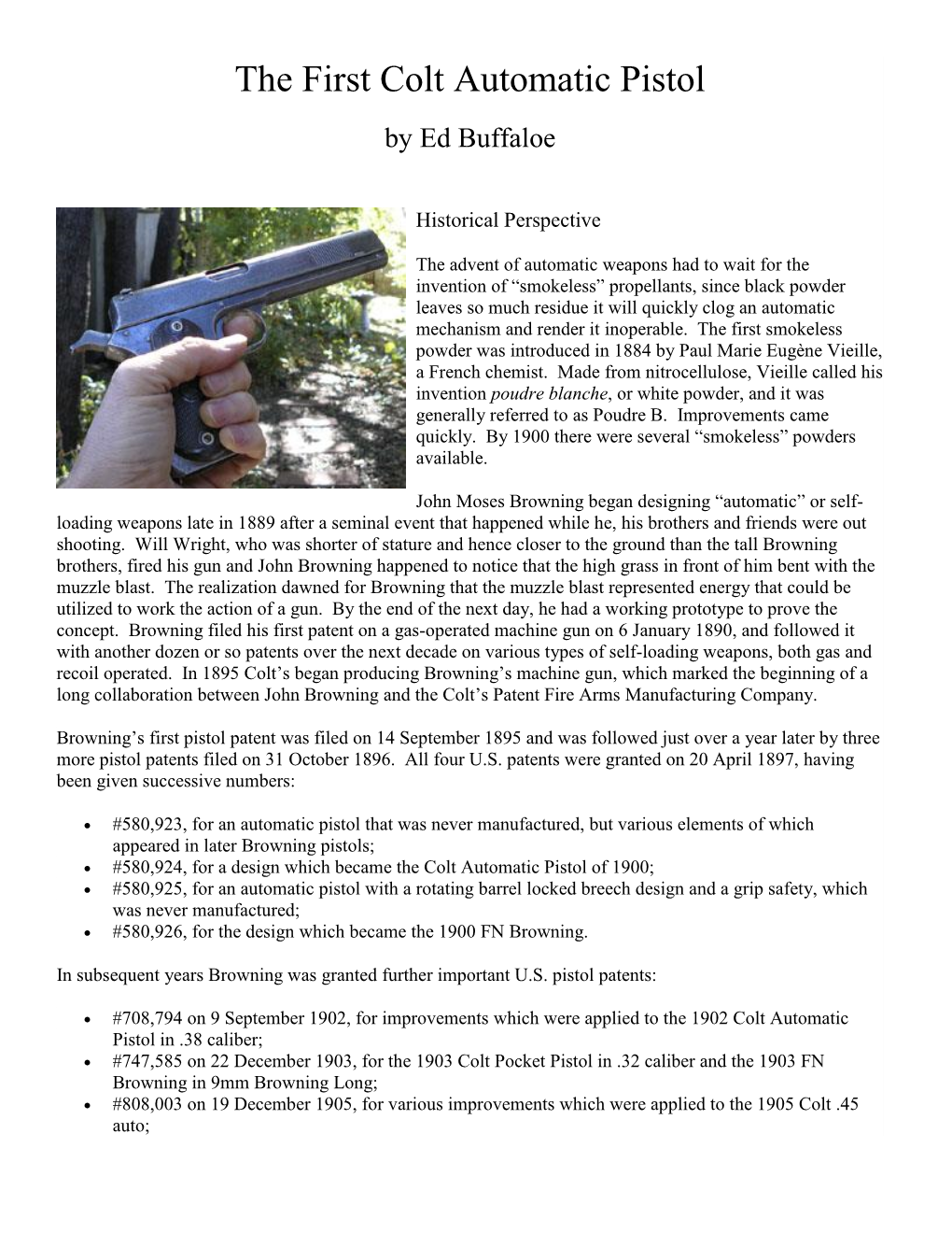 The First Colt Automatic Pistol by Ed Buffaloe