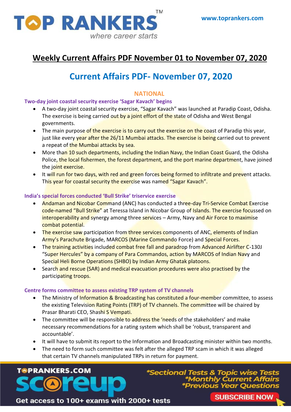 Current Affairs PDF November 01 to November 07, 2020