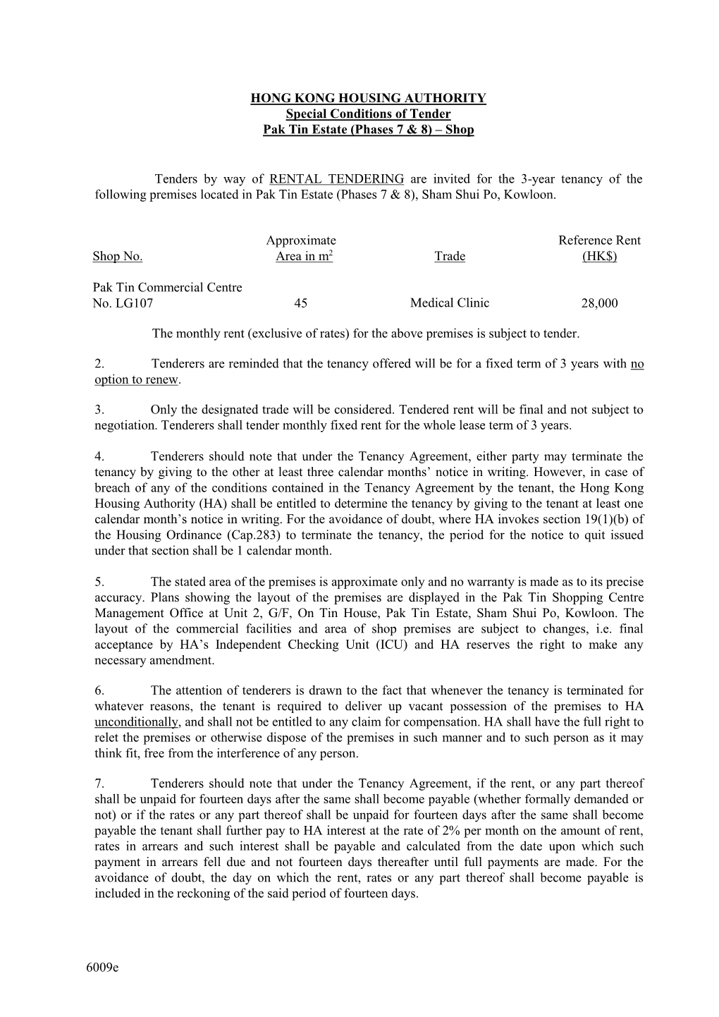 Special Conditions of Tender Pak Tin Estate (Phases 7 & 8) – Shop