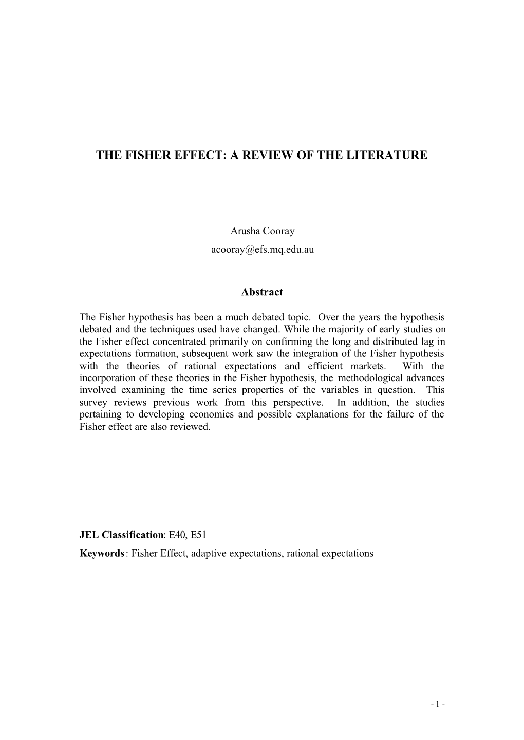 The Fisher Effect: a Review of the Literature