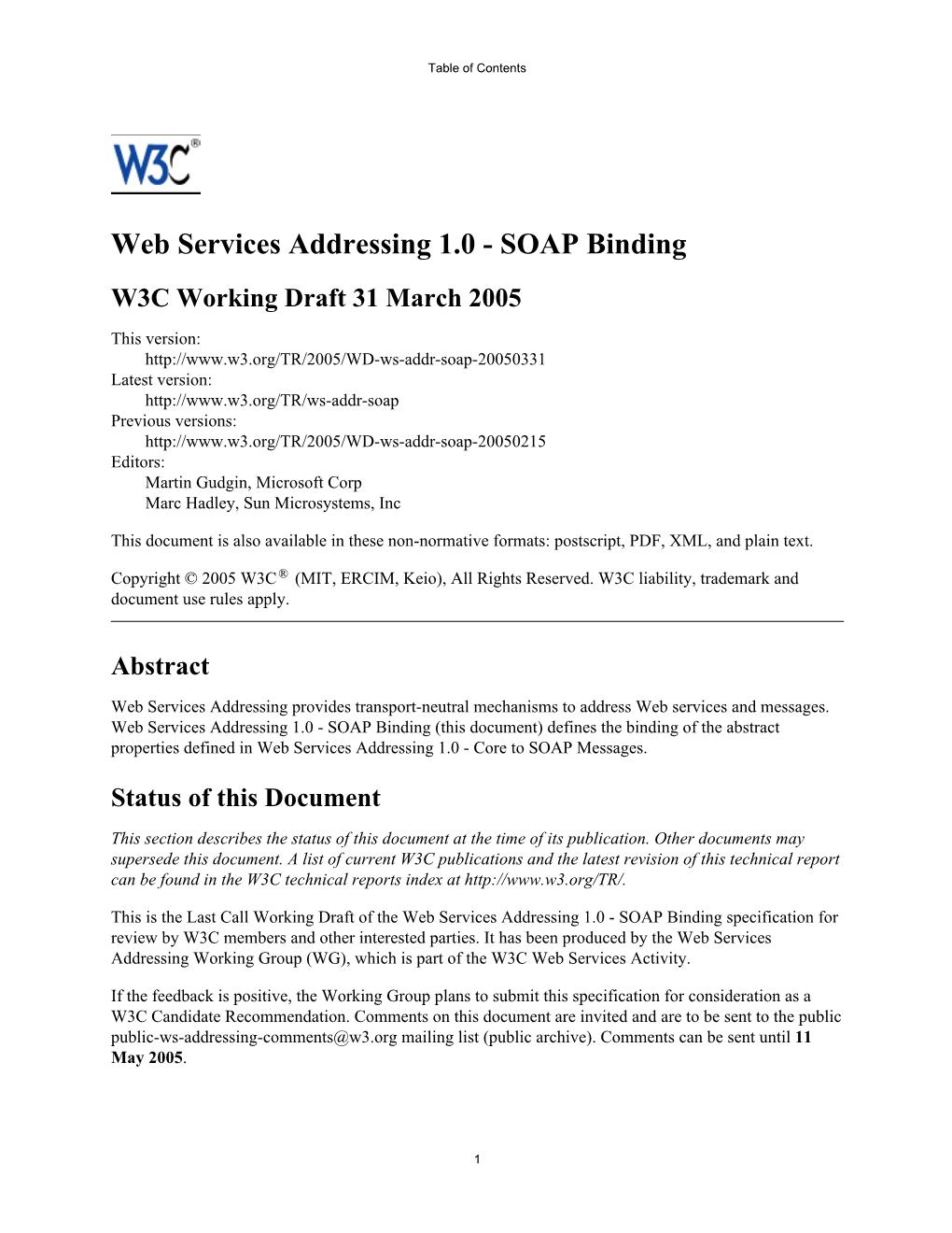 SOAP Binding W3C Working Draft 31 March 2005
